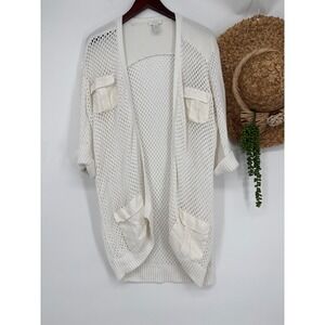 Chico's Linen‎ Blend Open Knit Cardigan Duster Pockets Roll Tab Sleeves White XL